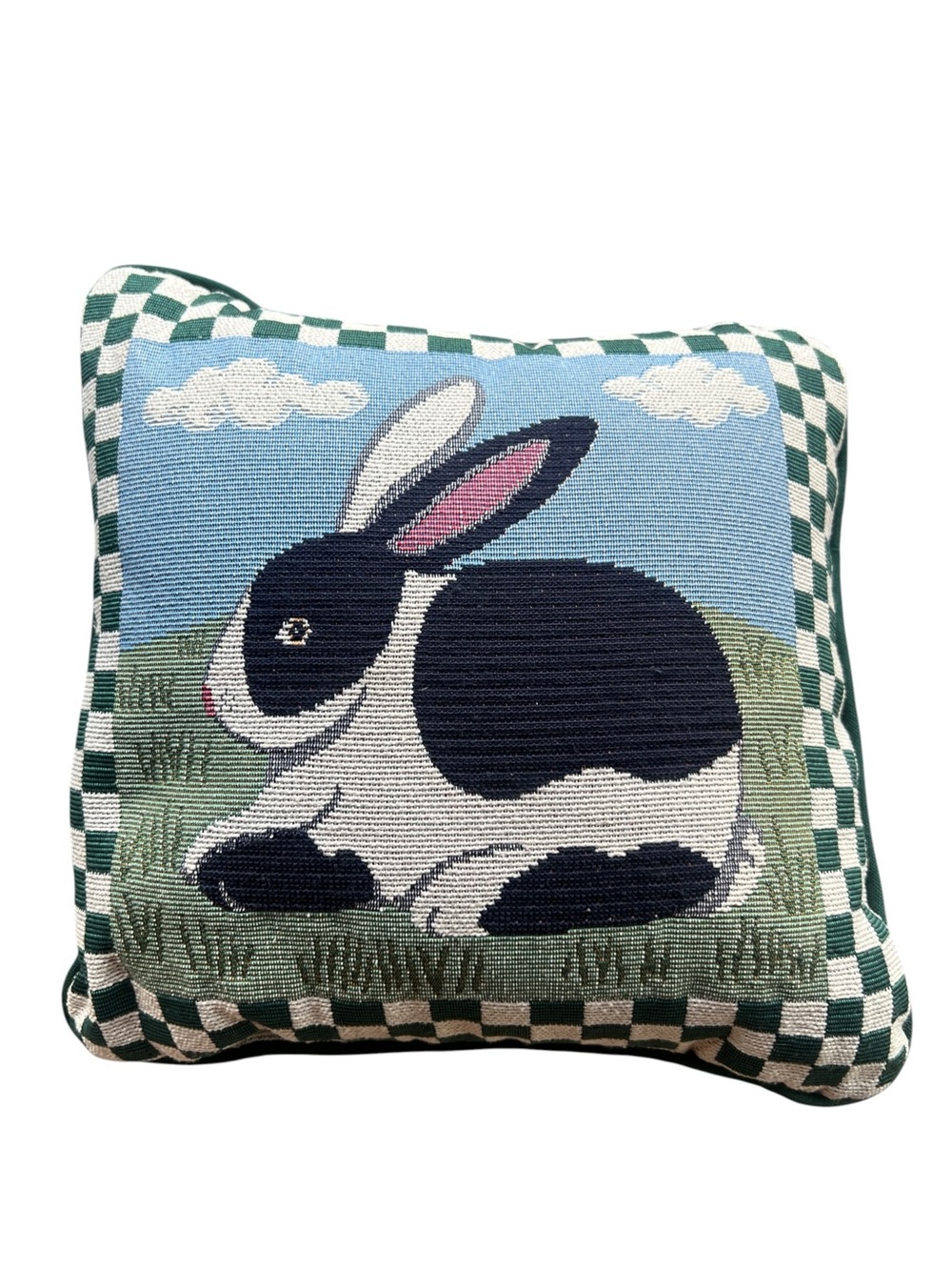 Bunny Rabbit Tapestry Accent Pillow Green Checkerboard Cottagecore 10”
